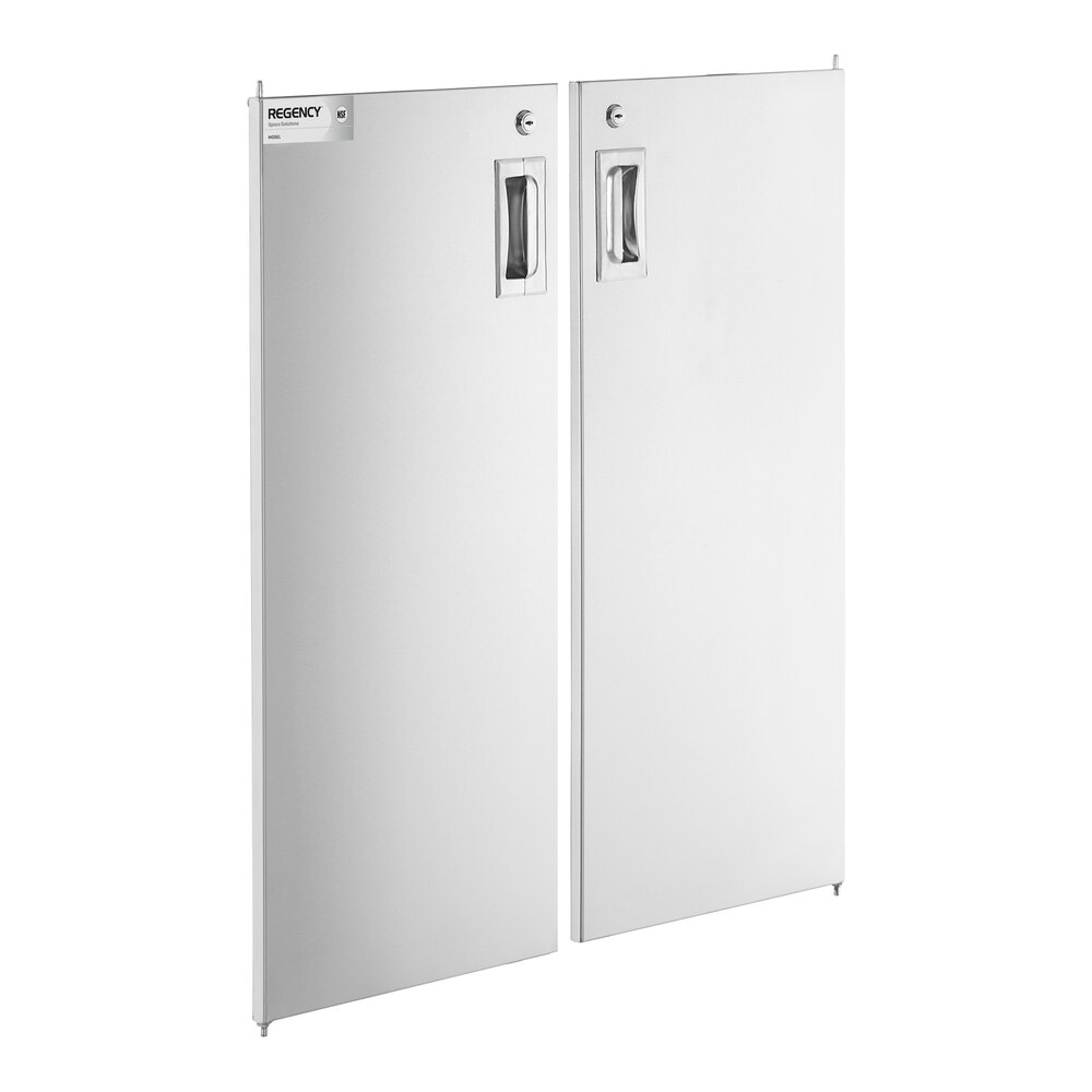 Two tall, rectangular metal doors with recessed handles and a smooth, reflective surface are shown standing side by side.