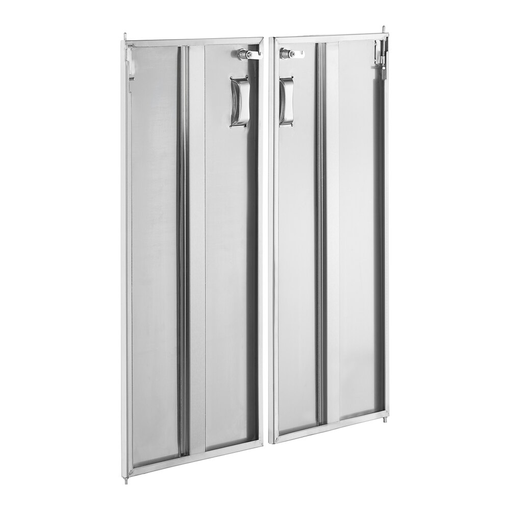 Two rectangular metal panels with handles and locking mechanisms, likely designed as removable doors for a utility cart.