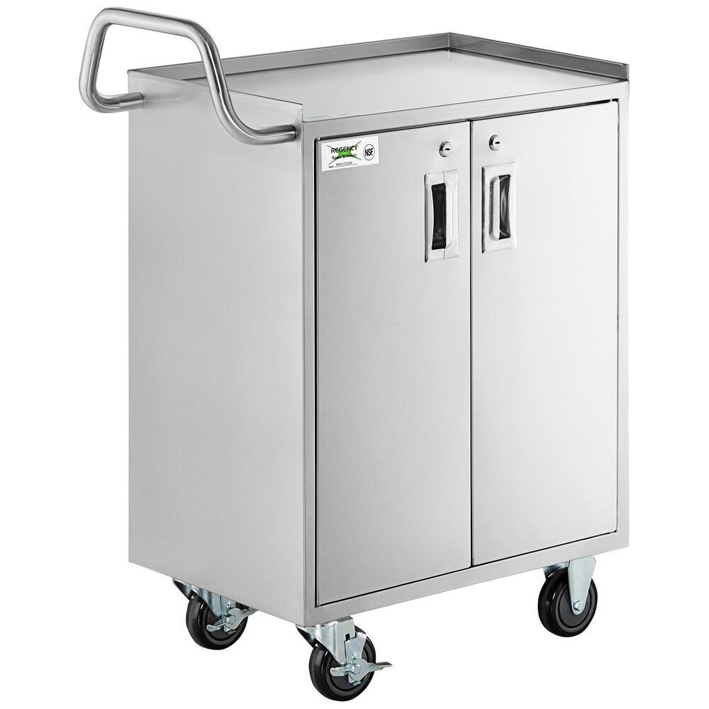 Regency 16 inch x 24 inch Four Shelf 18-Gauge 304 Stainless Steel Utility Cart with Enclosed Base and Locking Doors