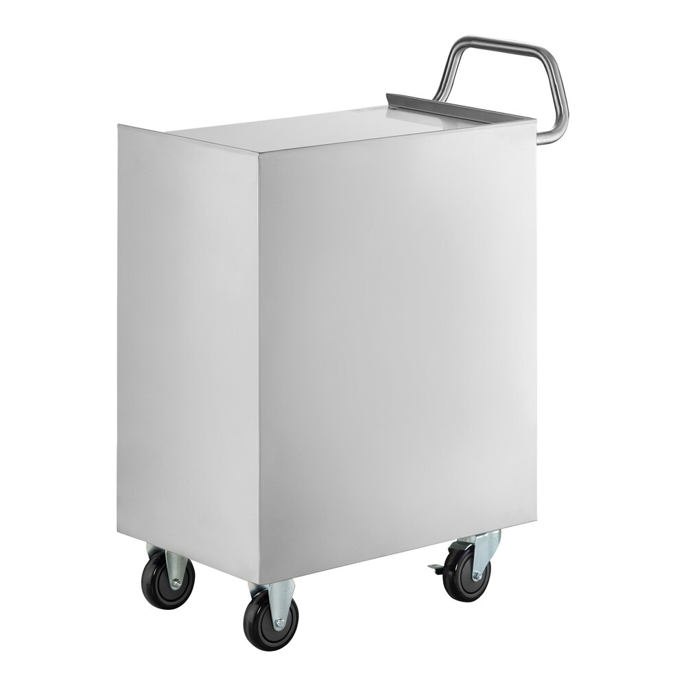A stainless steel utility cart with an enclosed rectangular base, four caster wheels, and a handle on one side.