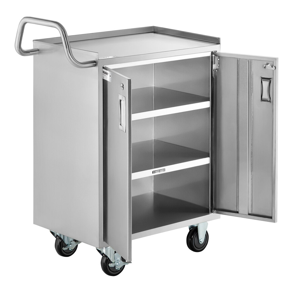 A stainless steel utility cart with four wheels, a handle, two open locking doors, and three interior shelves.