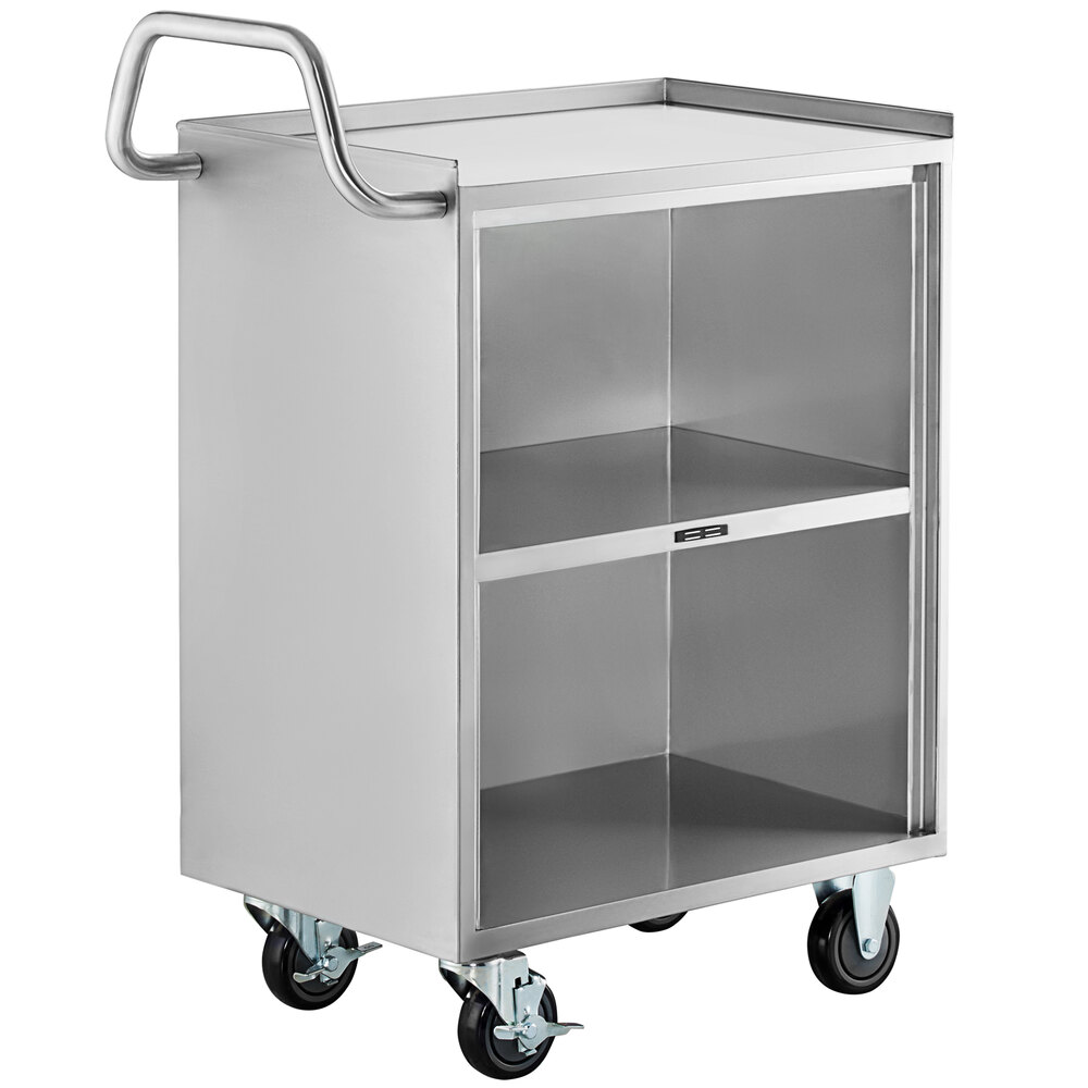 Regency 16 inch x 24 inch Three Shelf 18-Gauge 304 Stainless Steel Utility Cart with Enclosed Base and Open Front