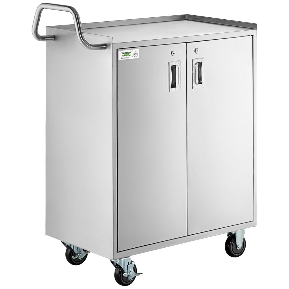 Regency 18 inch x 30 inch Four Shelf 18-Gauge 304 Stainless Steel Utility Cart with Enclosed Base and Locking Doors