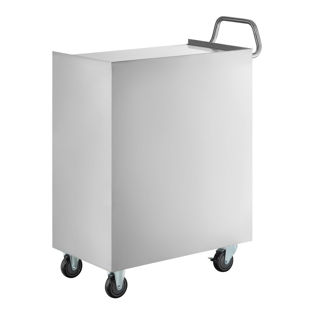 A rectangular stainless steel utility cart with an enclosed base, four wheels, and a handle on one side.