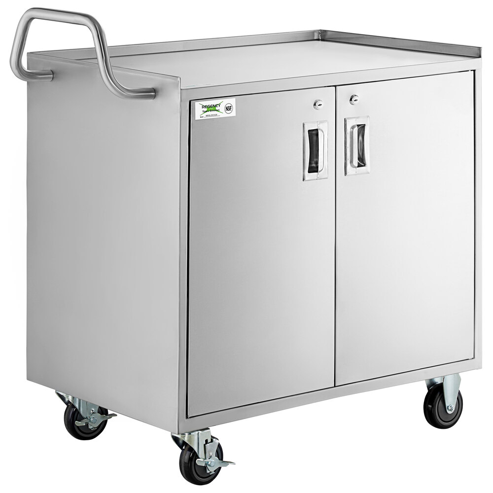 Regency 21 inch x 33 inch Three Shelf 18-Gauge 304 Stainless Steel Utility Cart with Enclosed Base and Locking Doors