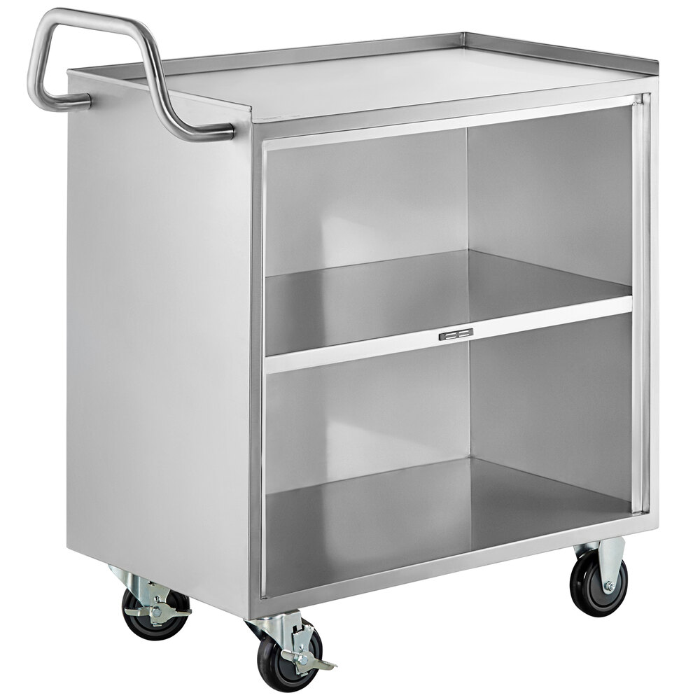 Regency 18 inch x 30 inch Three Shelf 18-Gauge 304 Stainless Steel Utility Cart with Enclosed Base and Open Front