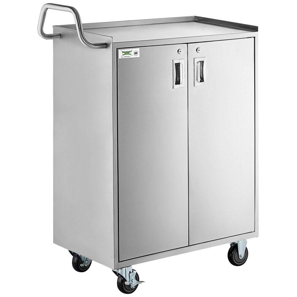 Regency 18 inch x 30 inch Five Shelf 18-Gauge 304 Stainless Steel Utility Cart with Enclosed Base and Locking Doors