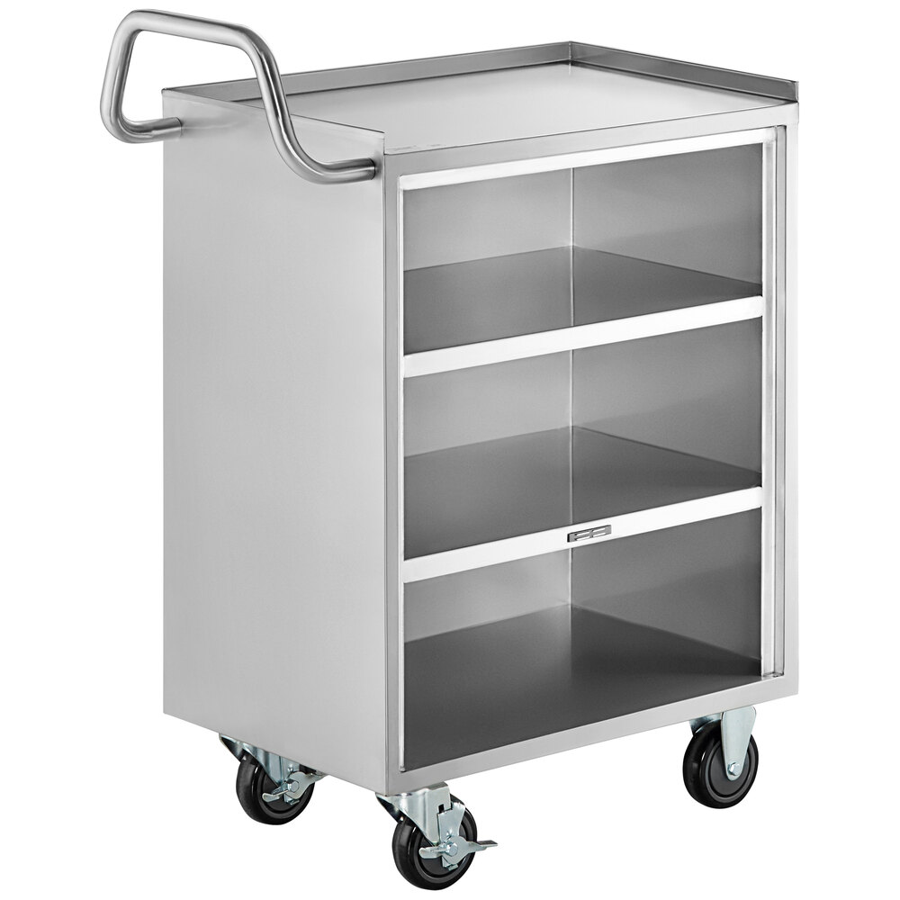 Regency 16 inch x 24 inch Four Shelf 18-Gauge 304 Stainless Steel Utility Cart with Enclosed Base and Open Front