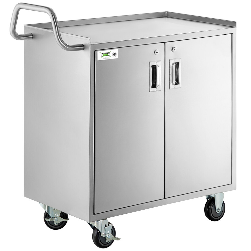 Regency 18 inch x 30 inch Three Shelf 18-Gauge 304 Stainless Steel Utility Cart with Enclosed Base and Locking Doors