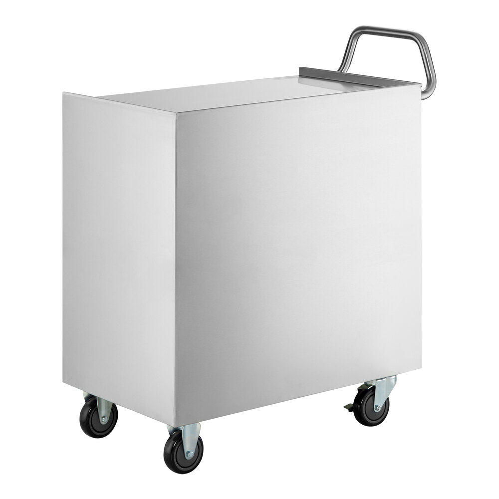 A stainless steel utility cart with an enclosed rectangular base, four caster wheels, and a handle on one side.