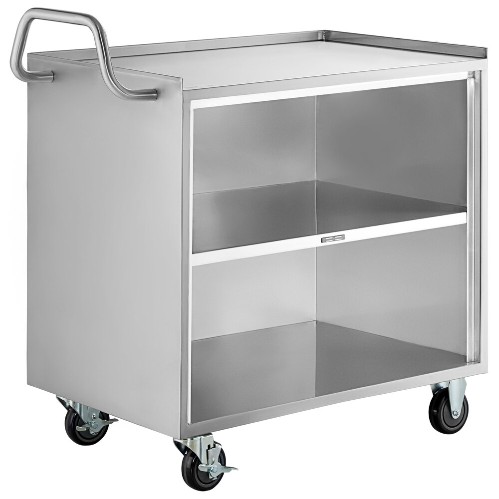Regency 21 inch x 33 inch Three Shelf 18-Gauge 304 Stainless Steel Utility Cart with Enclosed Base and Open Front