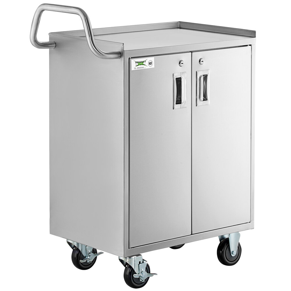 Regency 16 inch x 24 inch Three Shelf 18-Gauge 304 Stainless Steel Utility Cart with Enclosed Base and Locking Doors