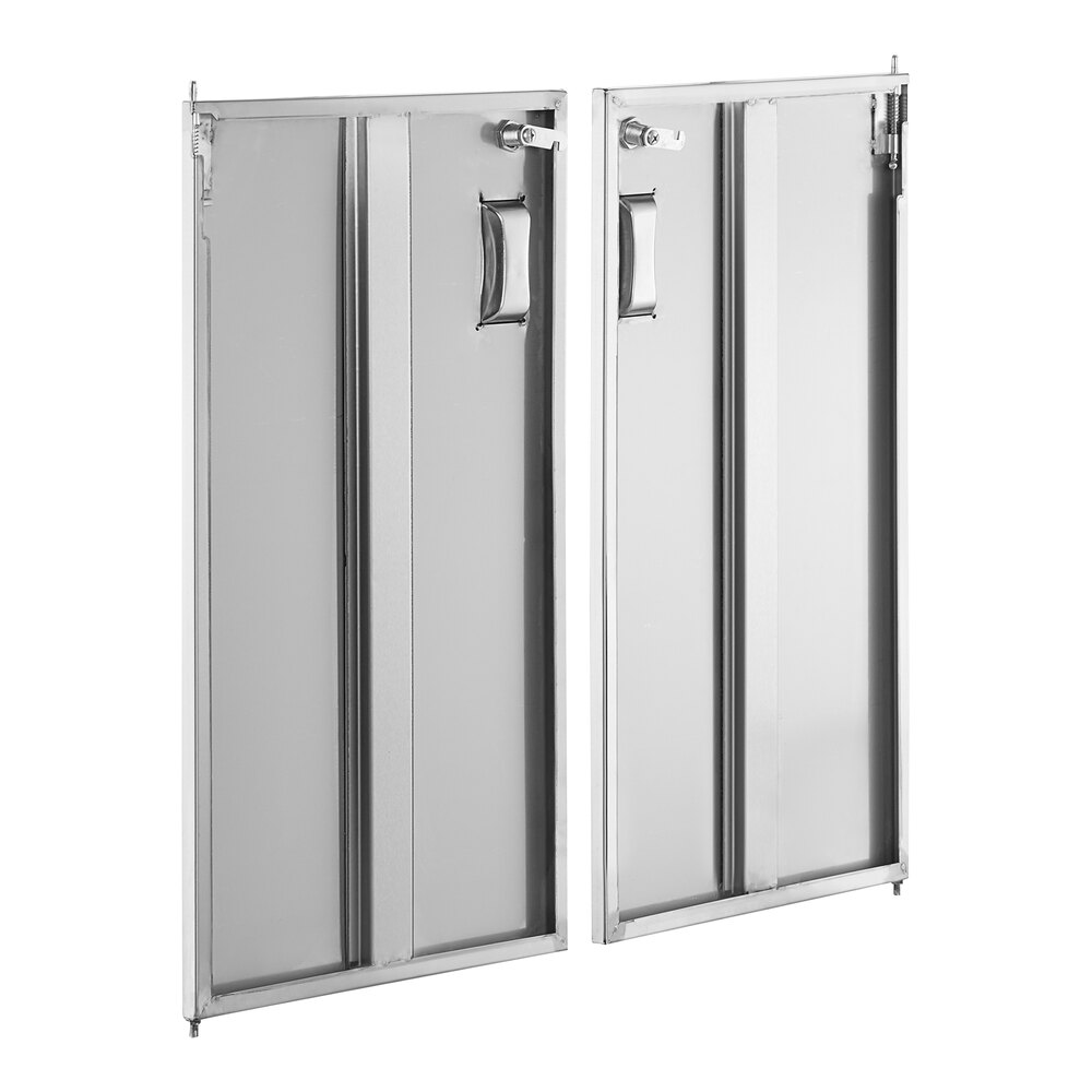Two rectangular metal panels with handles and locking mechanisms, likely designed as removable doors for a utility cart.
