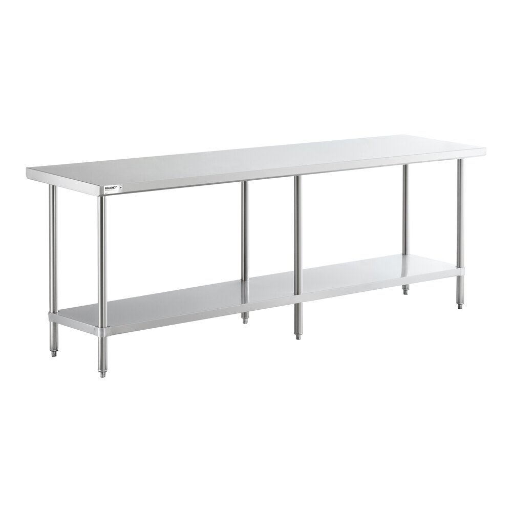 A long stainless steel table with an undershelf and six legs, designed for commercial use.