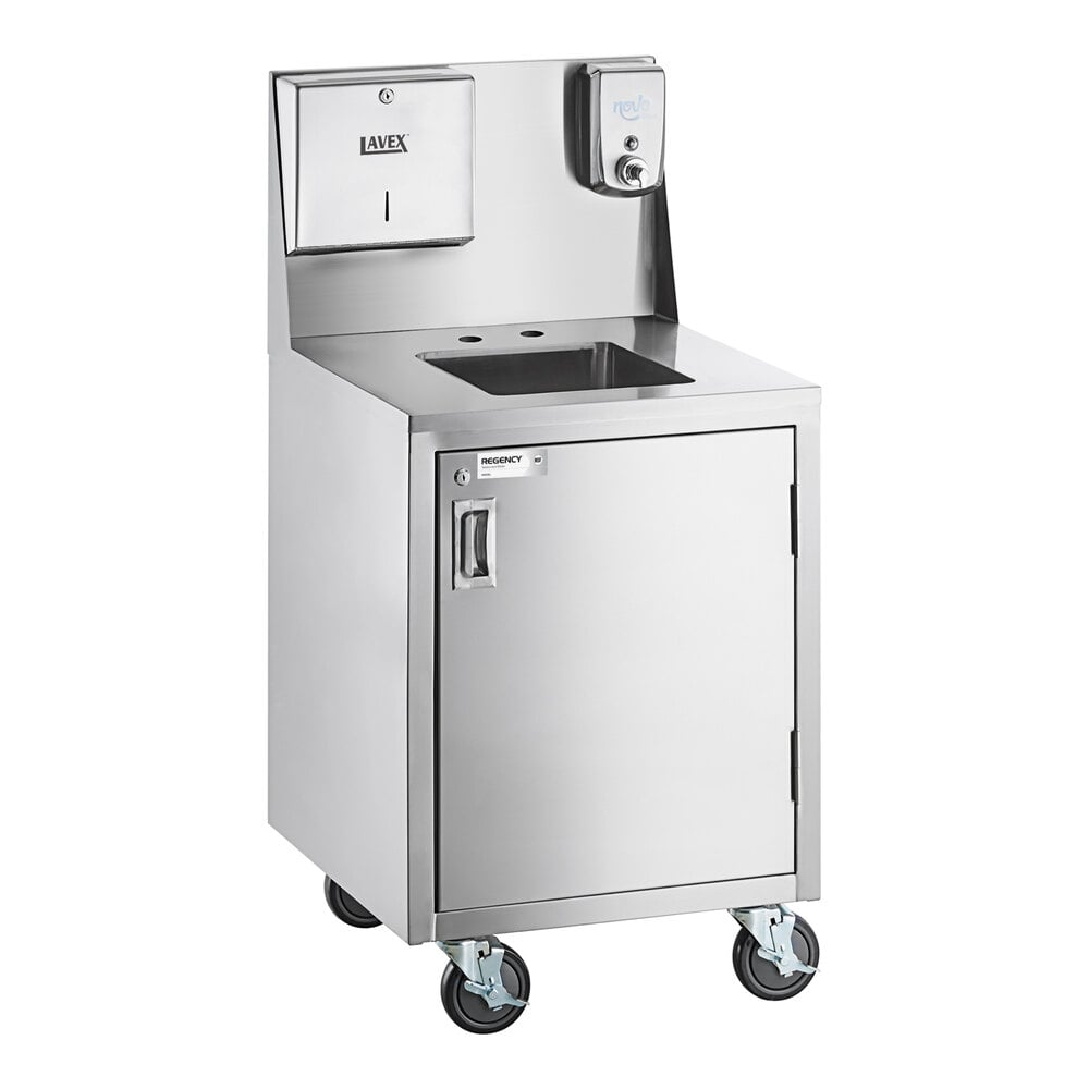 A stainless steel portable hand sink cart with a single bowl, cabinet, paper towel dispenser, soap dispenser, and four caster wheels.