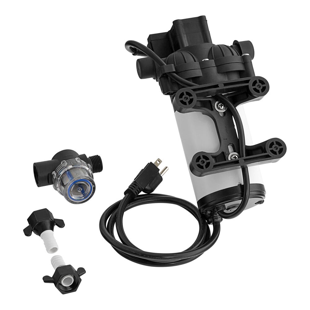 A black and white electric water pump with a power cord, accompanied by two hose fittings and connectors, all placed on a white background.