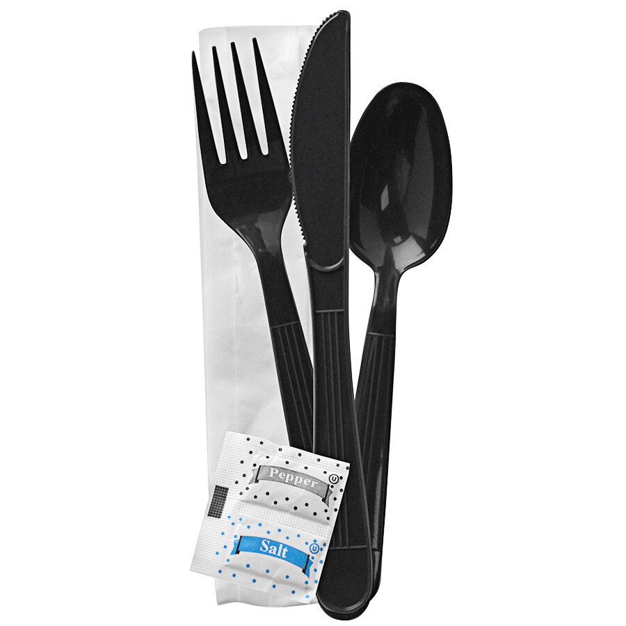Fineline ReForm Wrapped Black Plastic Flatware and Utensils Kit with