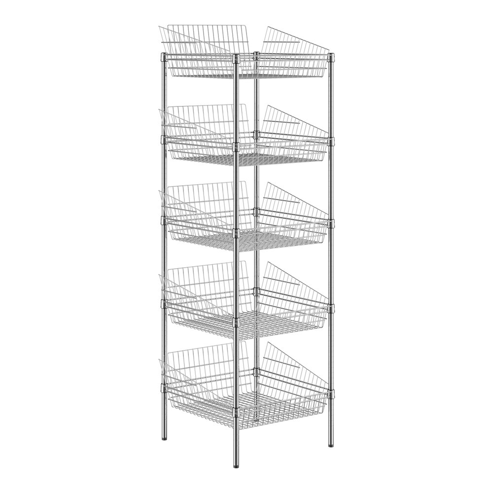 A Regency chrome metal shelf with five baskets on it.