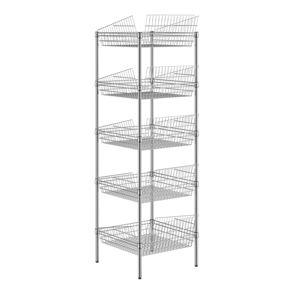 A chrome wire rack with five shelves and baskets on it.