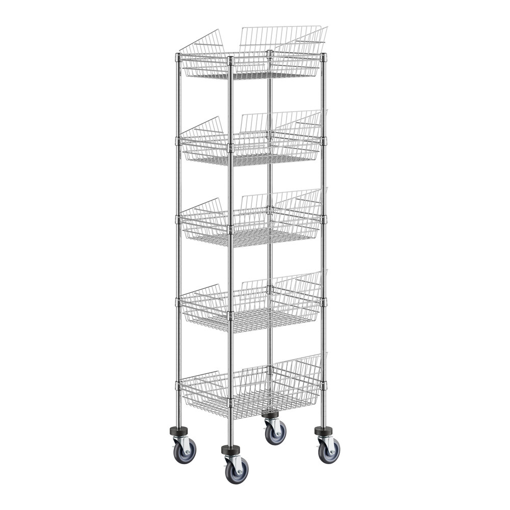 A Regency chrome metal mobile storage display stand with 5 baskets on wheels.