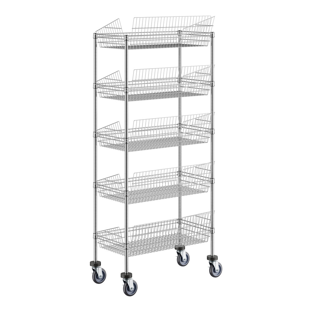 A Regency chrome metal rack with five baskets on wheels.
