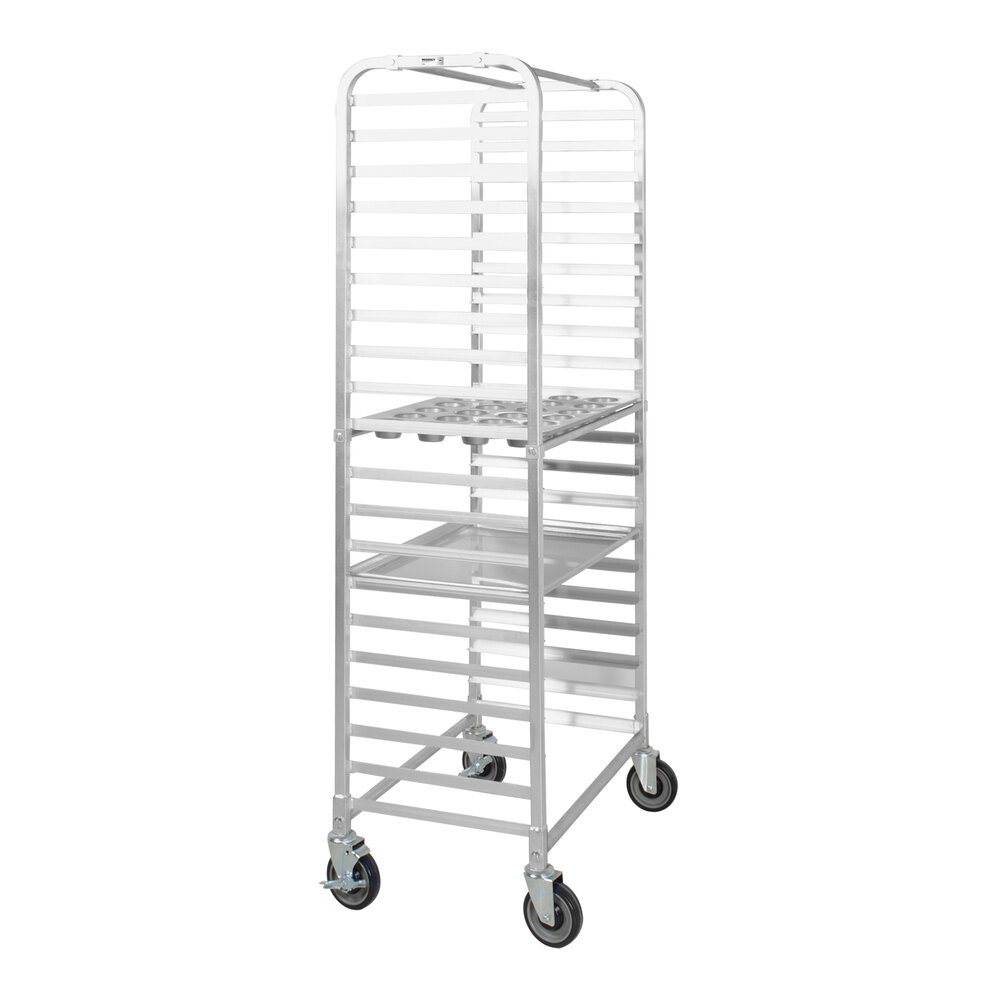 A tall, metal, wheeled rack designed to hold up to 20 sheet pans, commonly used in commercial kitchens and bakeries.