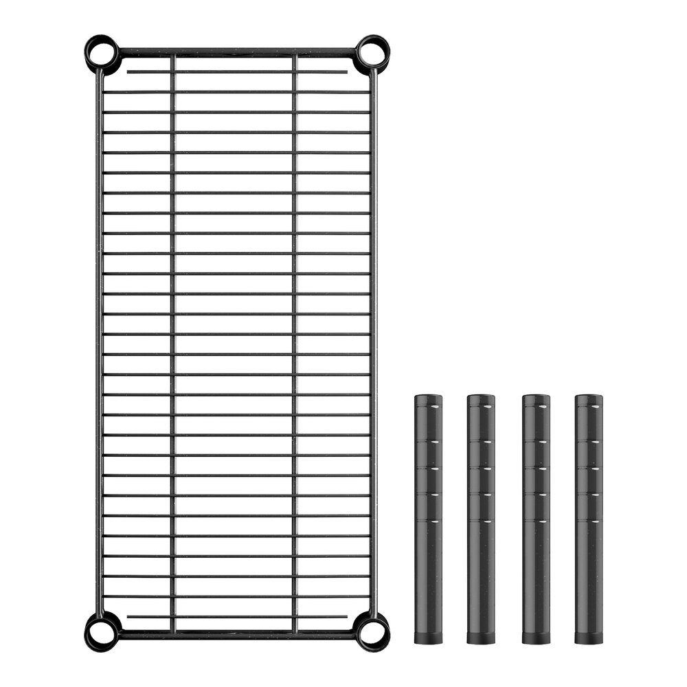 A black Regency metal shelf with black metal rods.