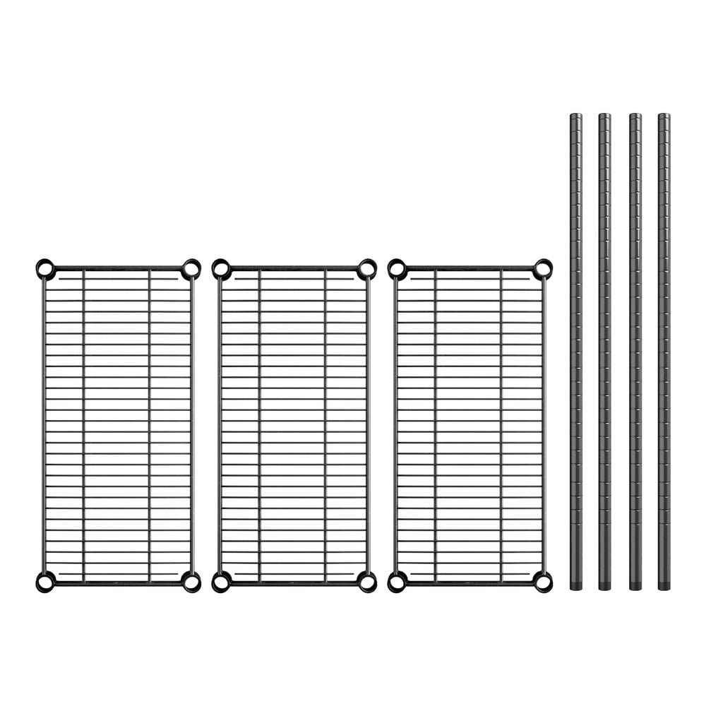A Regency black metal wire shelf kit with three shelves and metal rods.