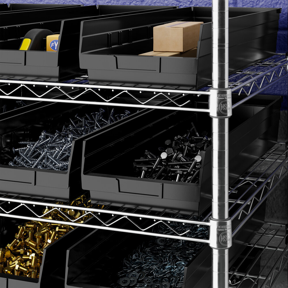 Black plastic bins on metal wire shelving, each containing various hardware items such as screws, bolts, and small boxes.