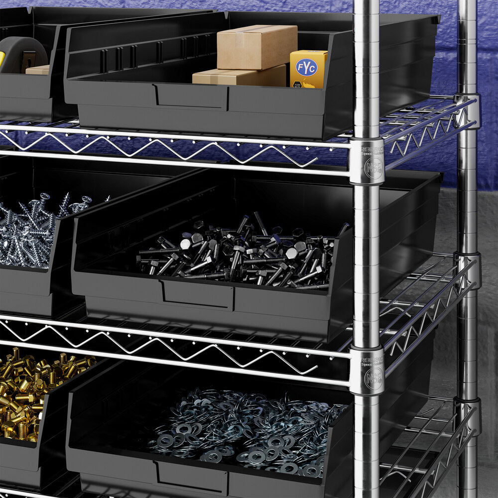 Black plastic bins on metal wire shelving, each containing various hardware items such as screws, bolts, washers, and small boxes.