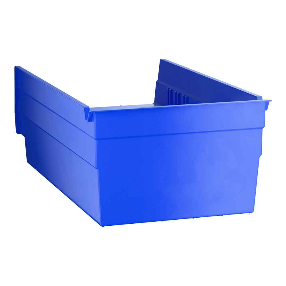 A blue plastic shelf bin with open front and raised sides.