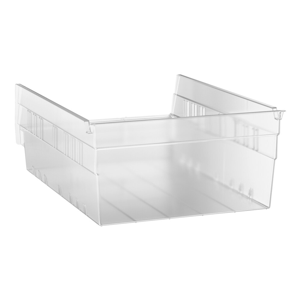 A clear, rectangular plastic bin with open front and raised sides.