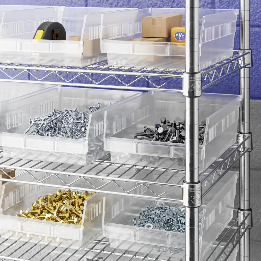 Clear plastic bins on metal shelving, each containing various hardware items such as screws, bolts, and small boxes.