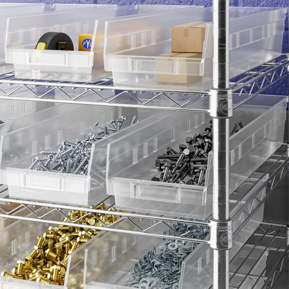 Clear plastic bins on metal shelves, each containing various hardware items such as screws, bolts, washers, and small boxes.