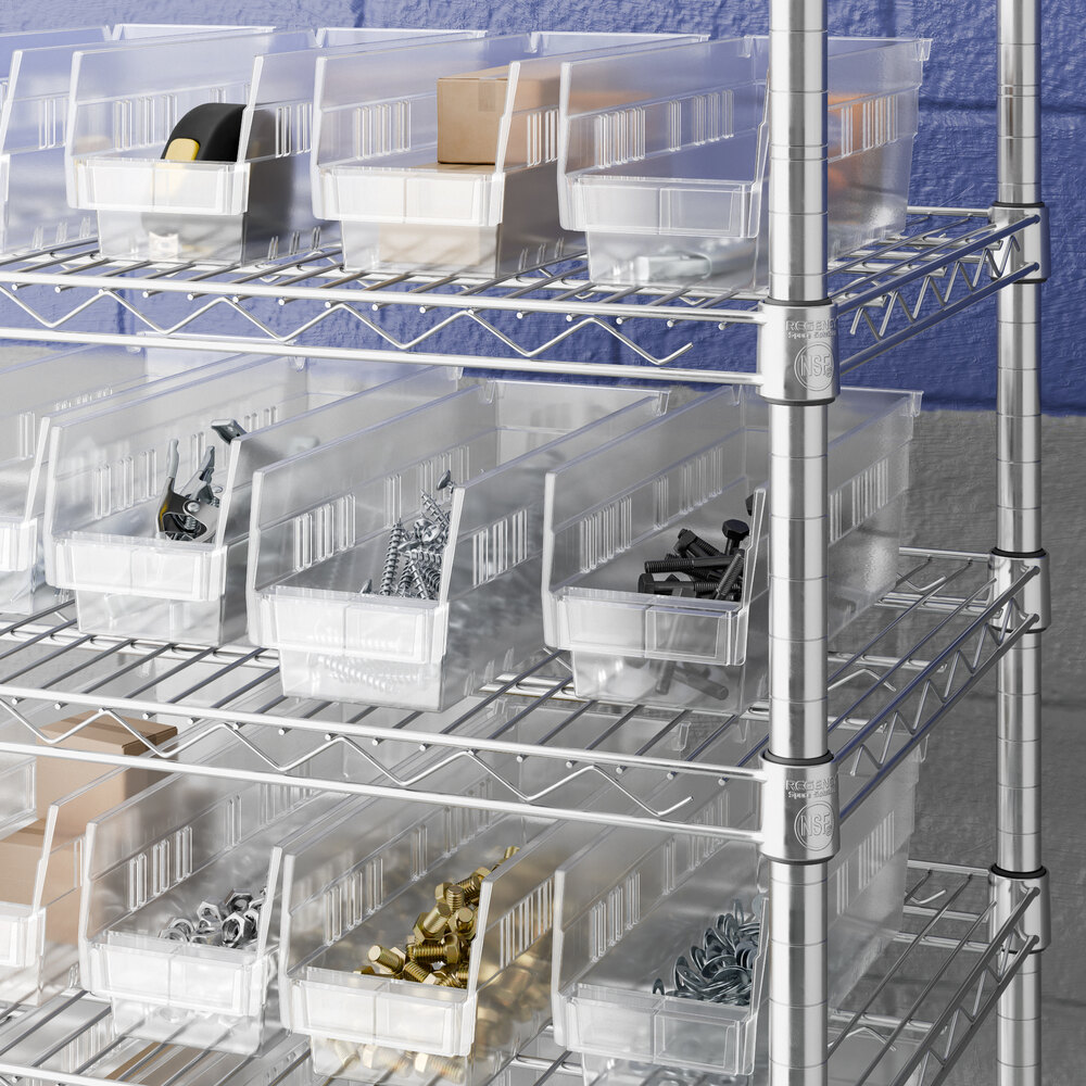 A set of clear plastic shelf bins organized on a metal wire shelving unit, used for storage and sorting small items.