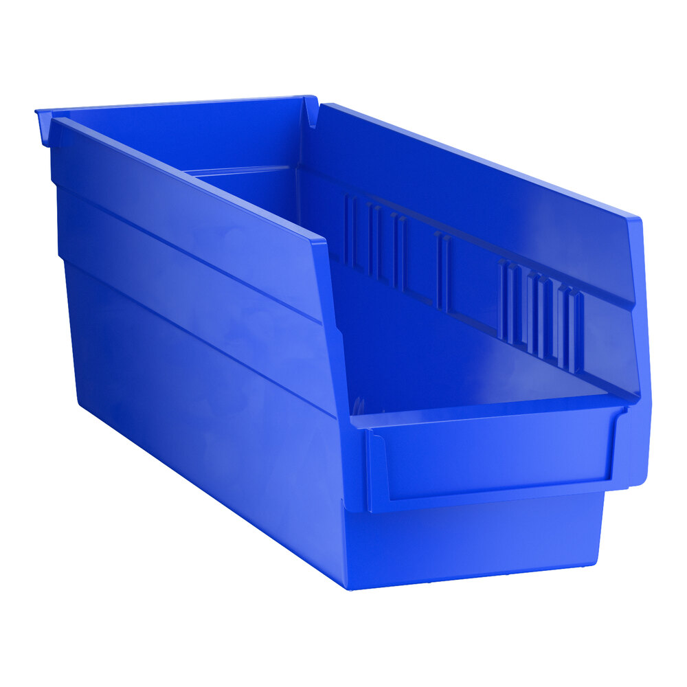 A blue plastic shelf bin with an open front and ribbed sides.