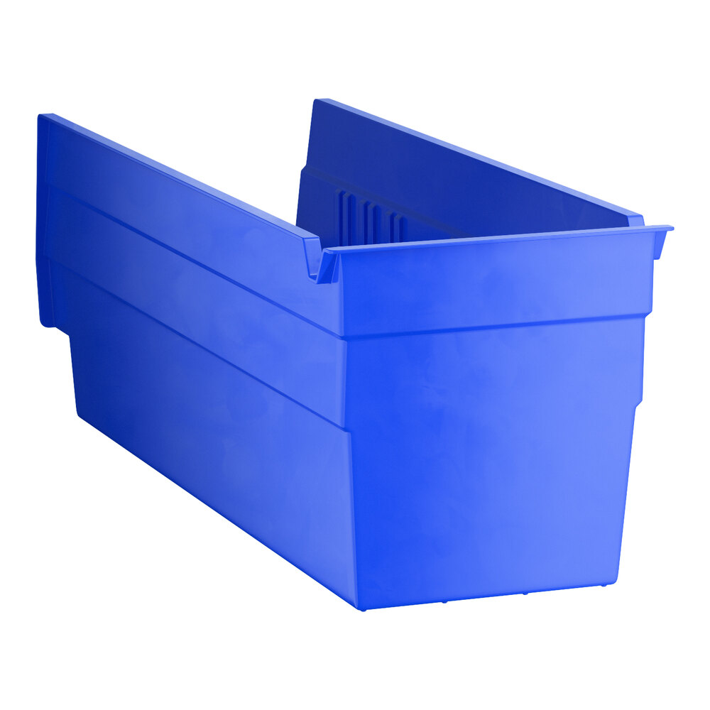 A blue plastic shelf bin with open front and high sides.