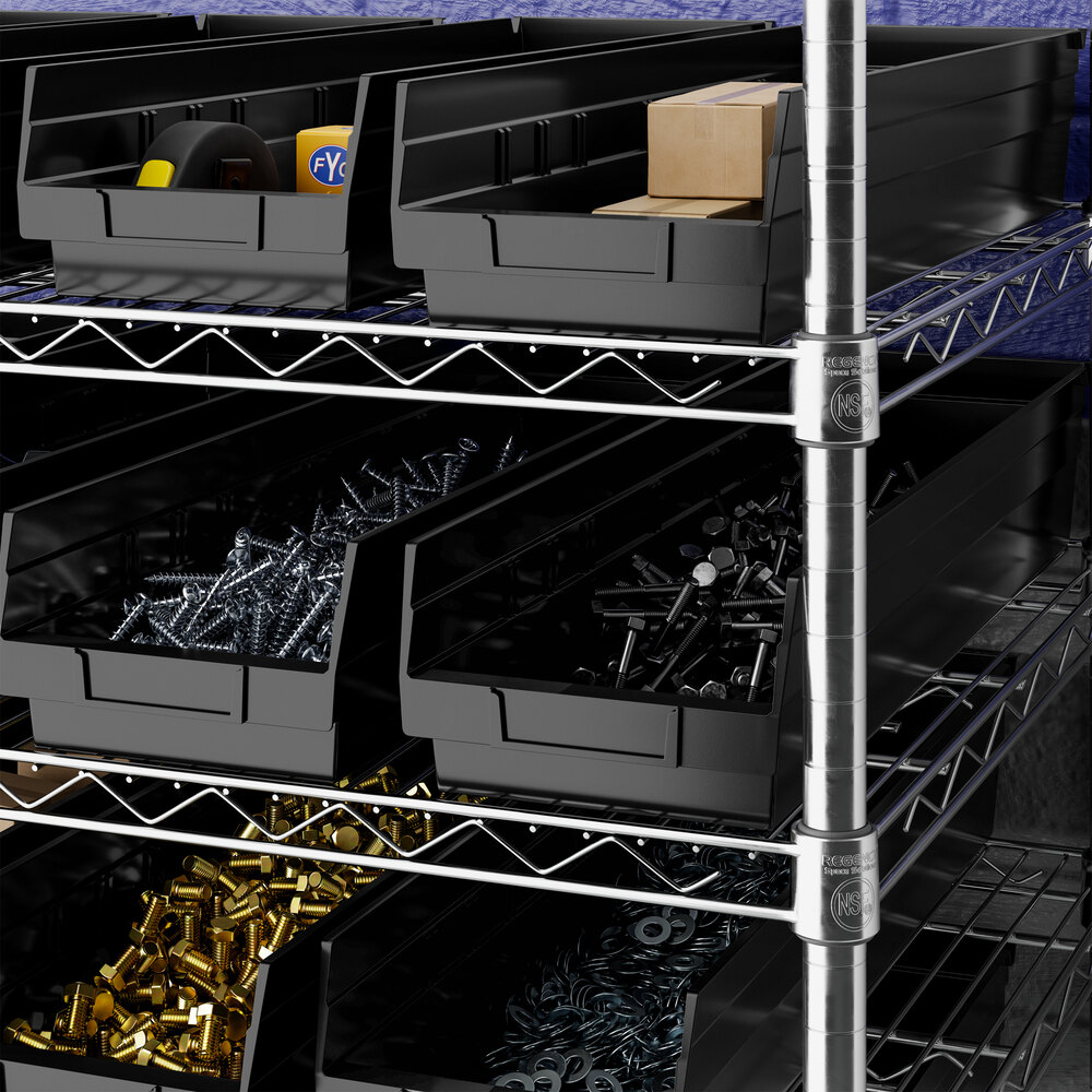 Black plastic storage bins are organized on metal wire shelving, each containing various hardware items such as screws, bolts, and small boxes.