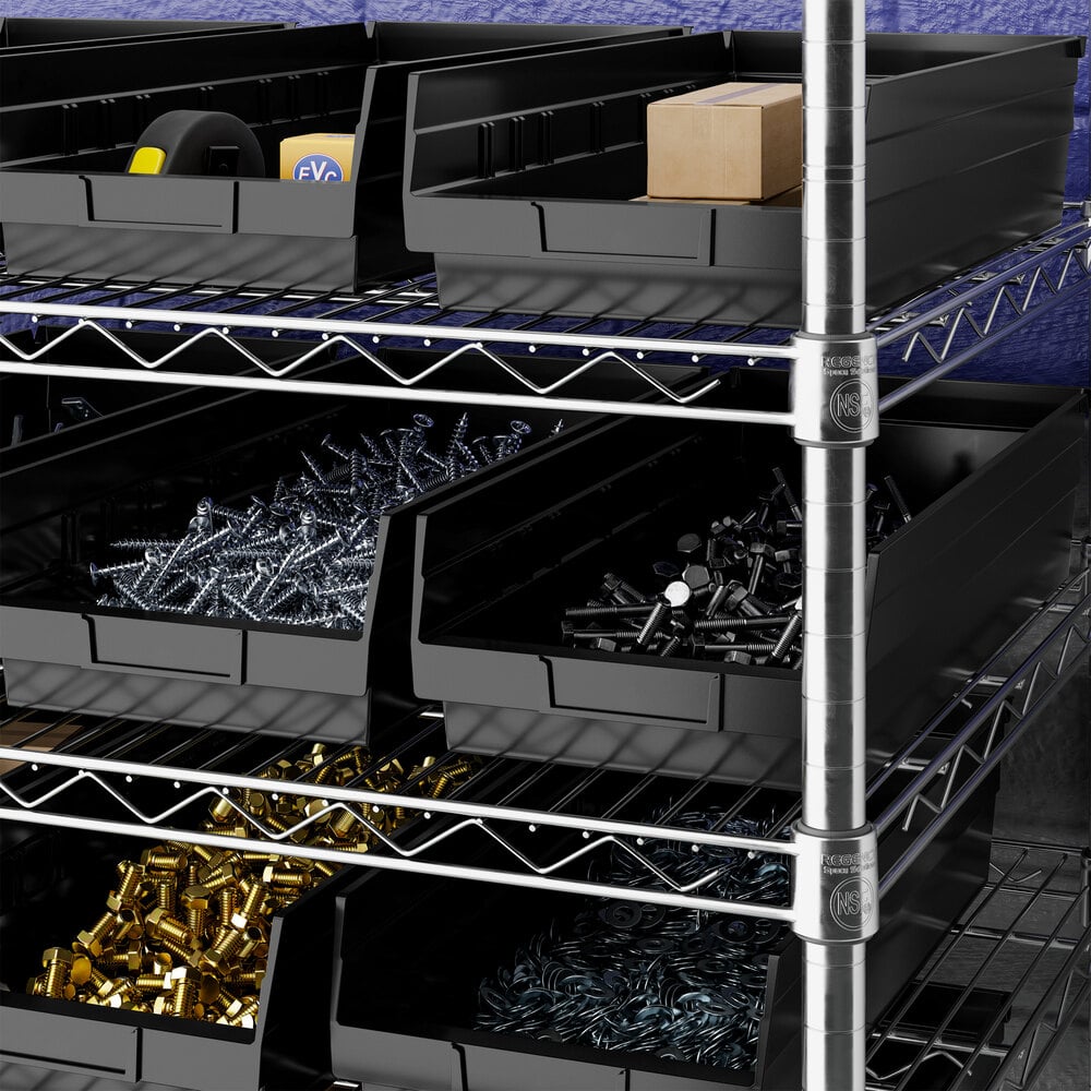 Black plastic bins on metal wire shelving, each containing various hardware items such as screws, bolts, and small boxes.