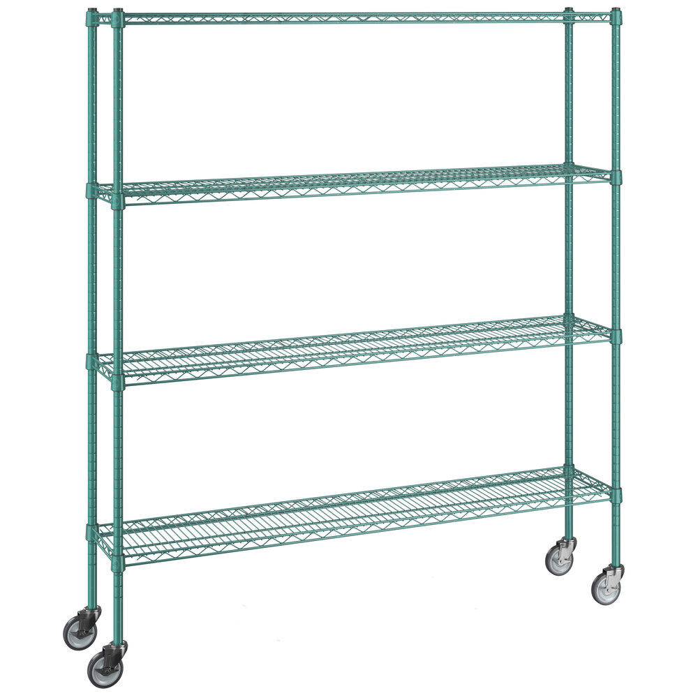 Regency 12 inch x 60 inch NSF Green Epoxy 4-Shelf Kit with 64 inch Posts and Casters