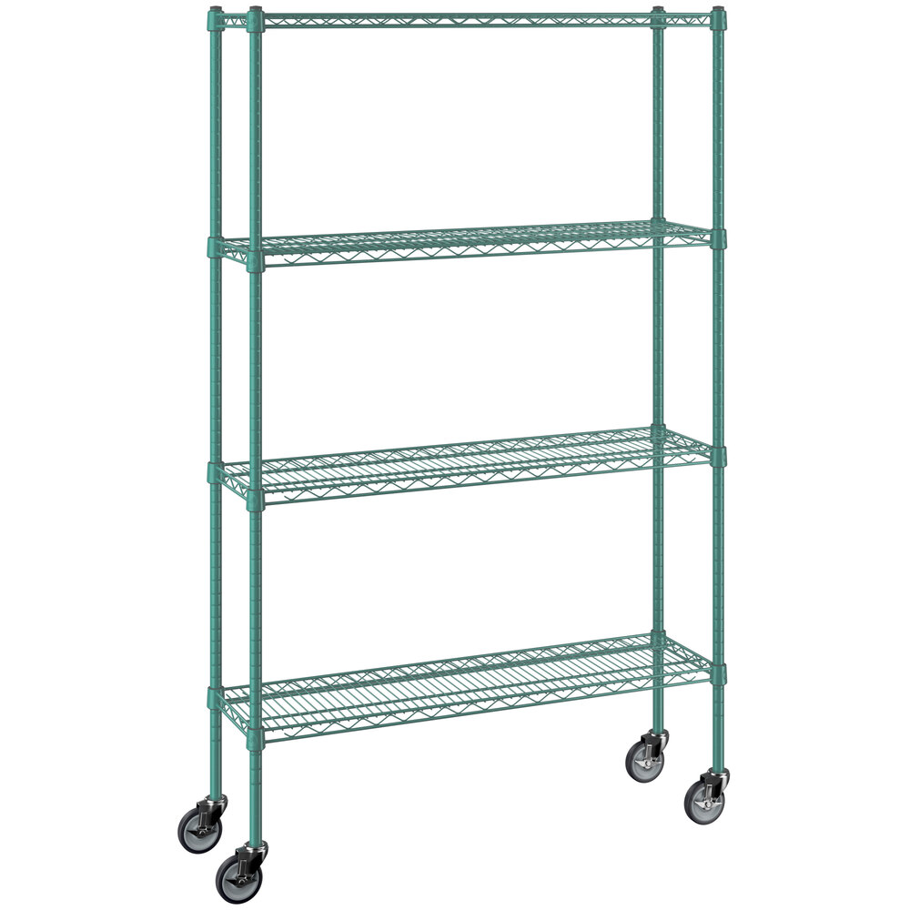 Regency 12 inch x 42 inch NSF Green Epoxy 4-Shelf Kit with 64 inch Posts and Casters