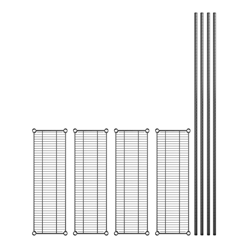 A Regency black metal shelf with metal rods and holes.