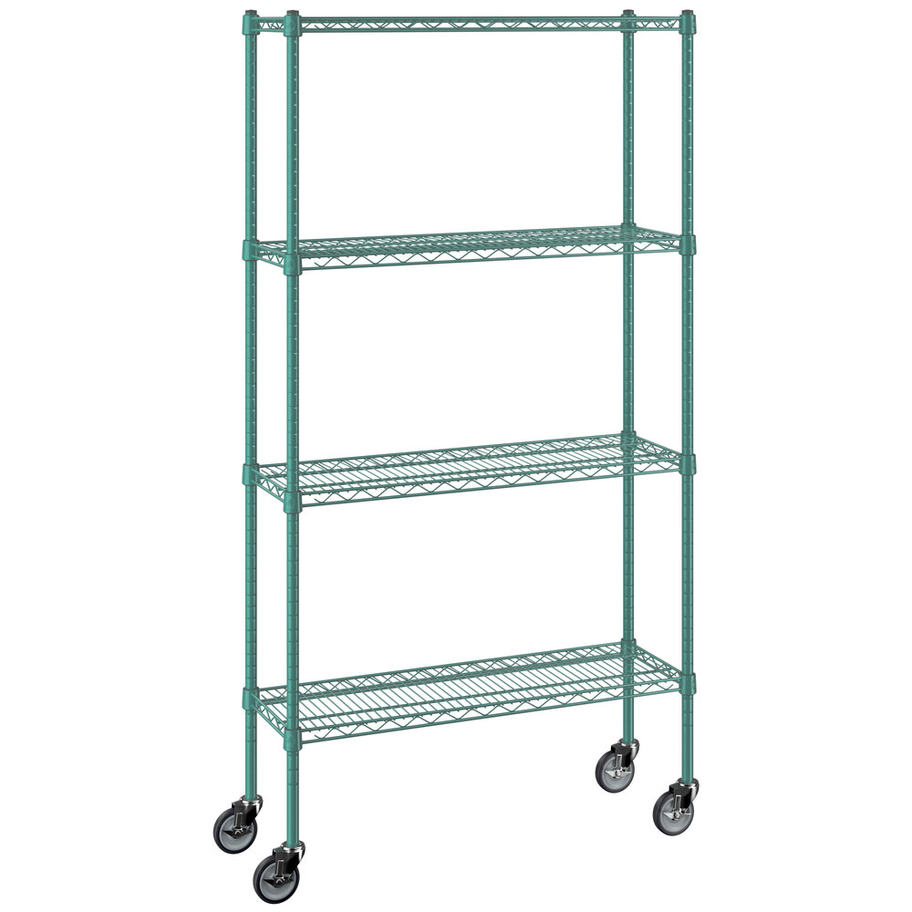 Regency 12 inch x 36 inch NSF Green Epoxy 4-Shelf Kit with 64 inch Posts and Casters