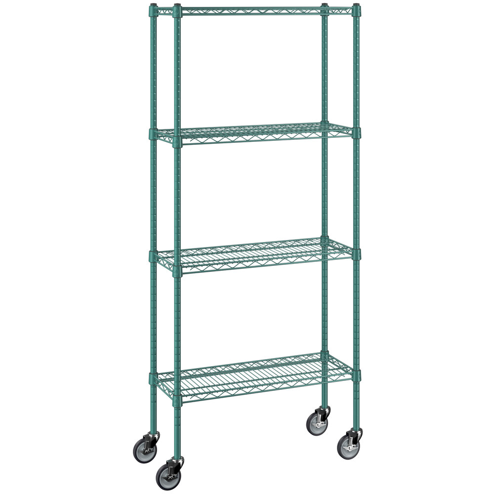 Regency 12 inch x 30 inch NSF Green Epoxy 4-Shelf Kit with 64 inch Posts and Casters