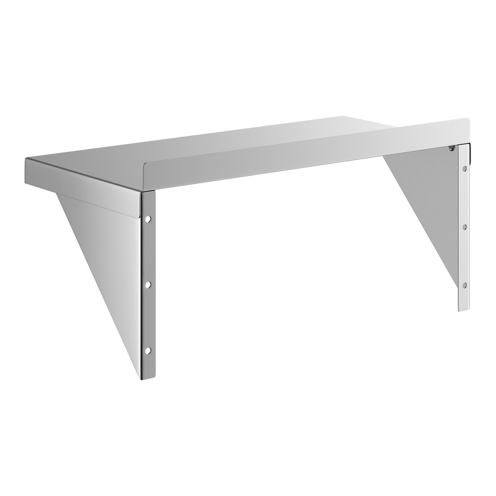 A stainless steel wall-mounted shelf with triangular support brackets.