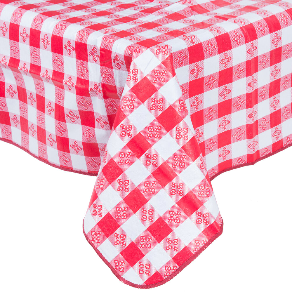 52" x 70" Red Checkered Gingham Vinyl Table Cover with Flannel Back