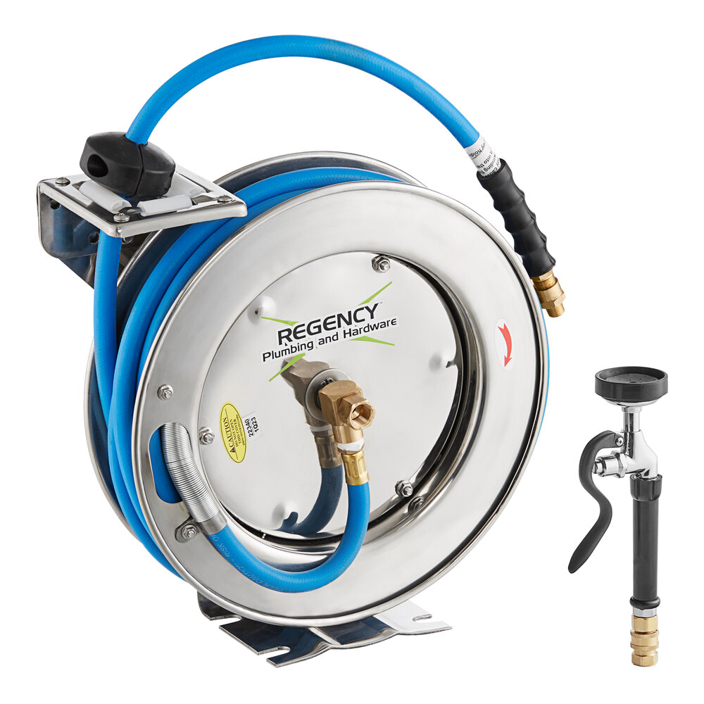 Regency Open Stainless Steel Hose Reel with Hose and Spray Valve