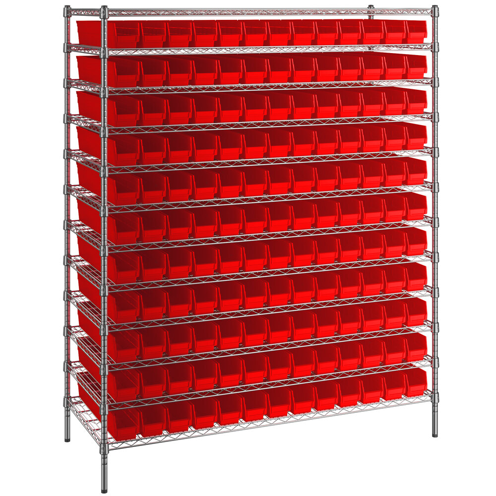 Regency 24 inch x 60 inch x 74 inch Wire Shelving Unit with 143 Red Bins