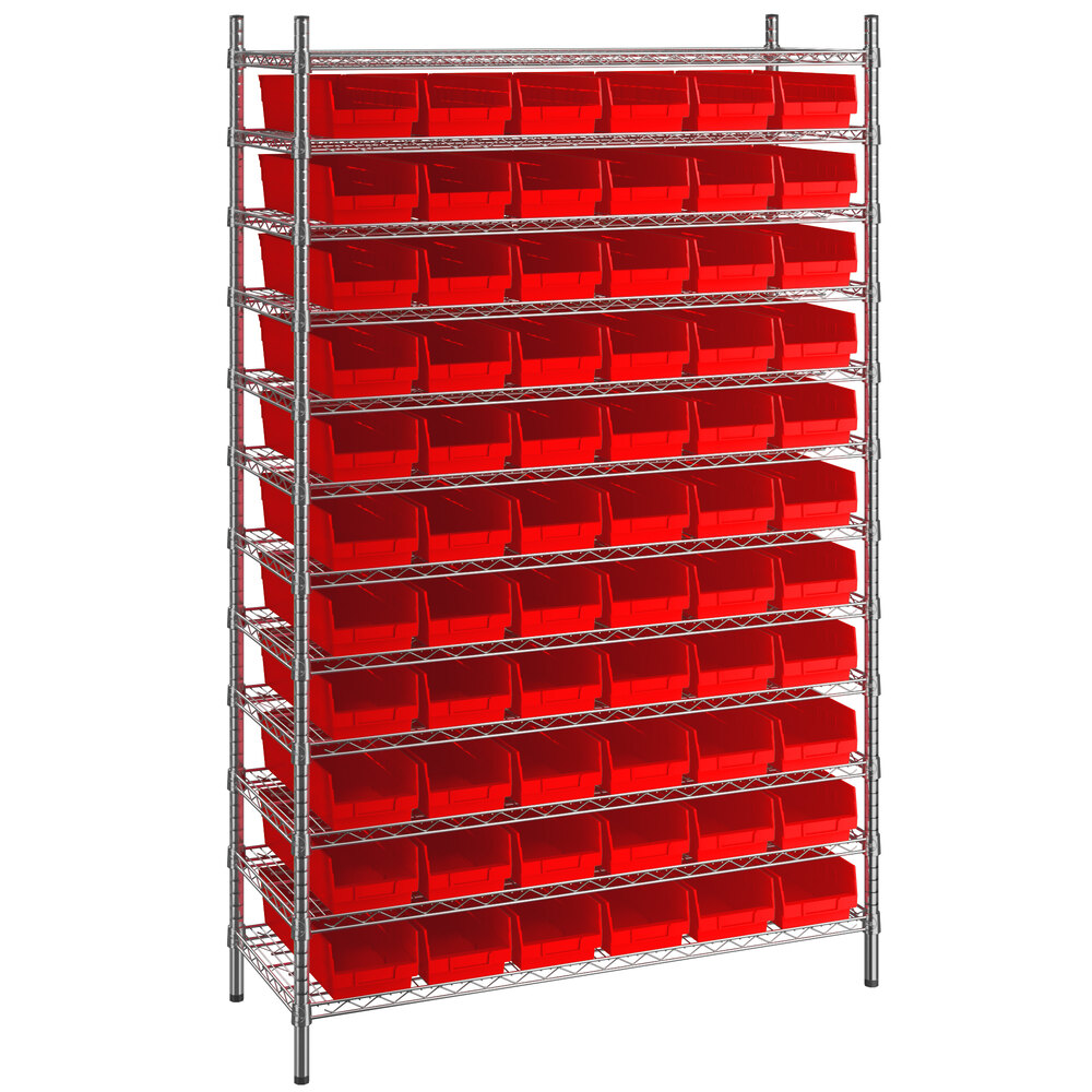 Regency 18 inch x 48 inch x 74 inch Wire Shelving Unit with 66 Red Bins