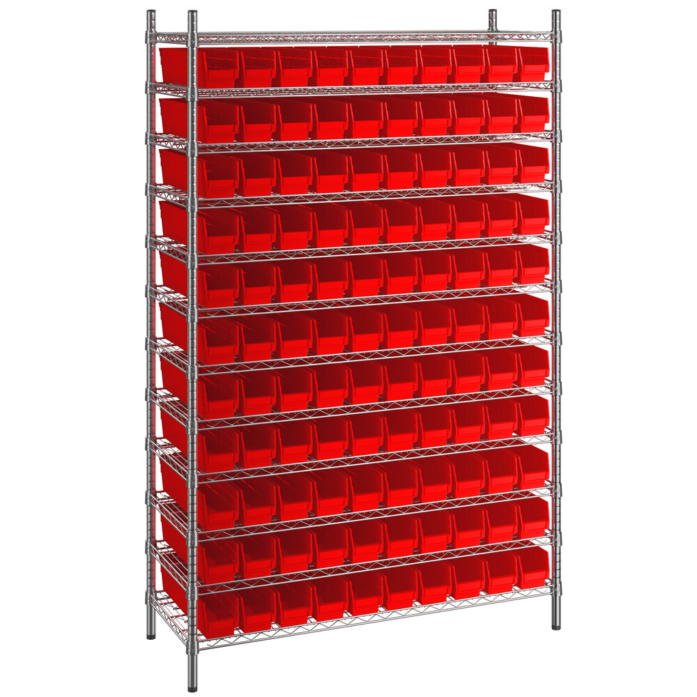 Regency 18 inch x 48 inch x 74 inch Wire Shelving Unit with 110 Red Bins